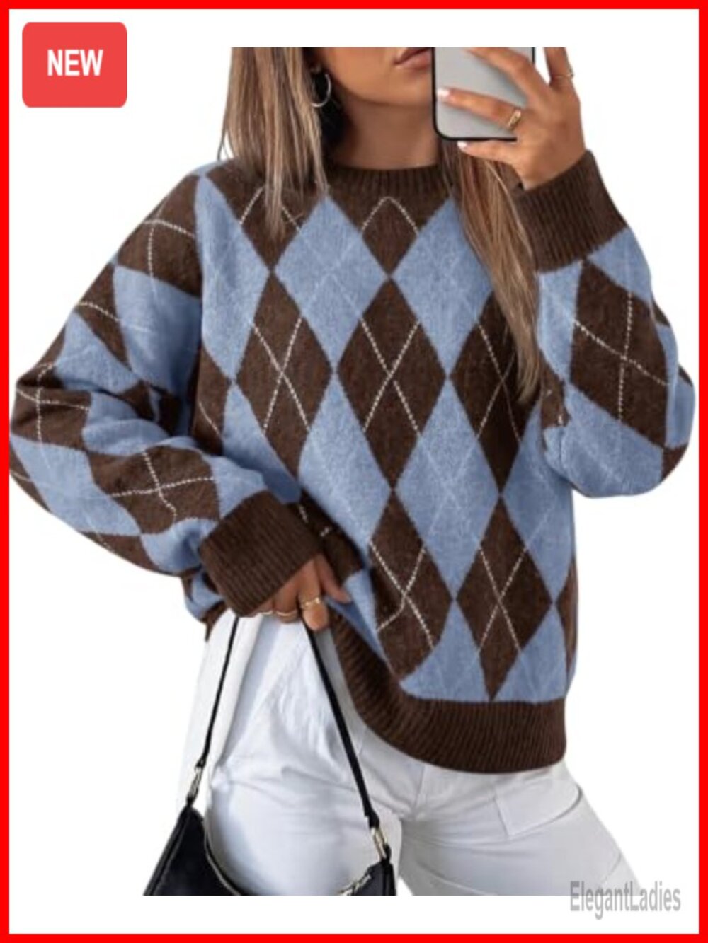Oversized Argyle Plaid Knit Pullover Sweater Long Sleeve Crew Neck